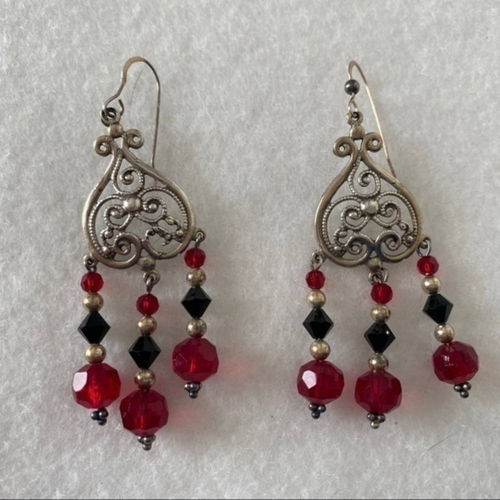 925 Sterling Silver Red Black Crystal Chandelier Drop Statement Earrings NEW